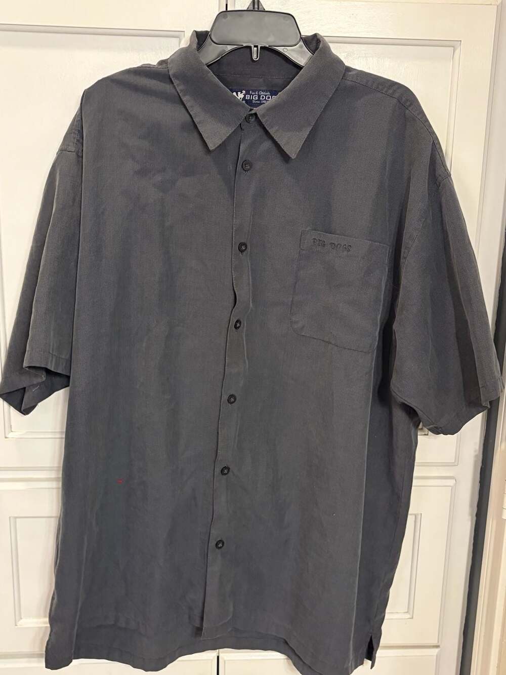 Vintage Big Dogs Men’s XL Charcoal Gray Button Down Shirt Rayon Blend 90s Y2K